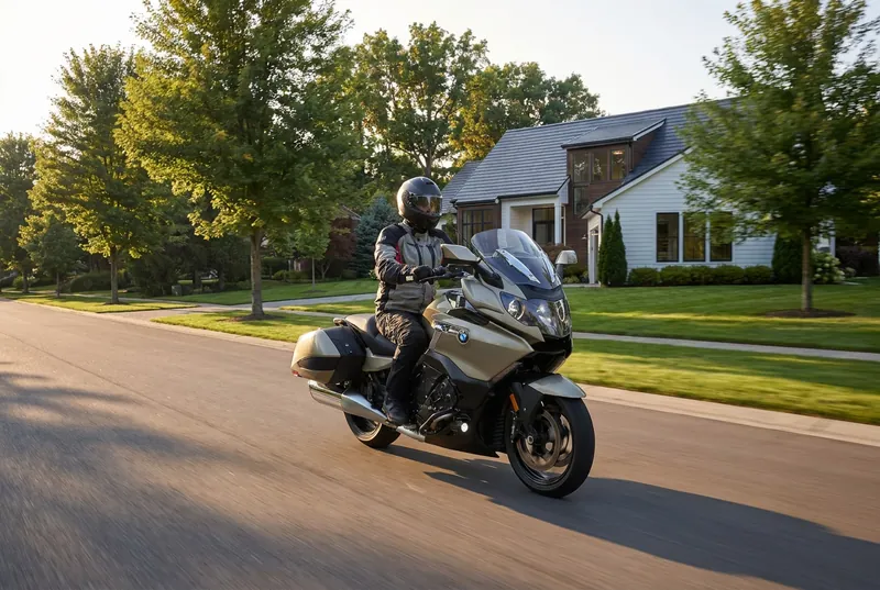 Motorcycle insurance, rider on a suburban Illinois street